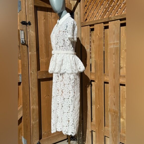 🆕 SELF-PORTRAIT 🧿 NWOT White Lace Peplum Belted Midi Dress, Sz UK 10 US 6 - Picture 6 of 16